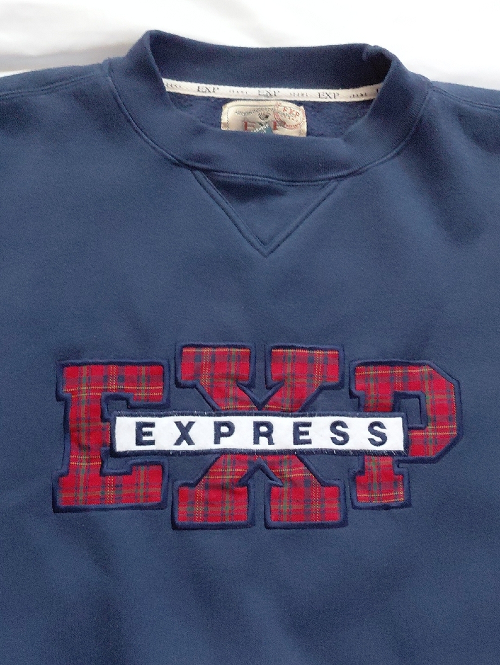 Vintage 90's Express EXP Plaid Logo Navy Blue Sweatshirt Mens M